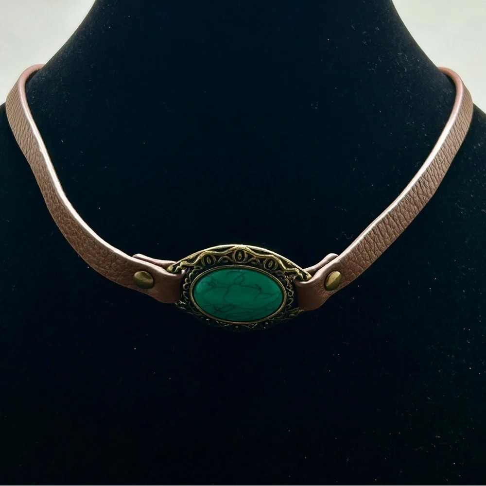 Brown Leather, Gold, Turquoise Necklace?, Belt?